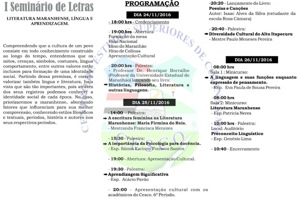 programação seminário de letras