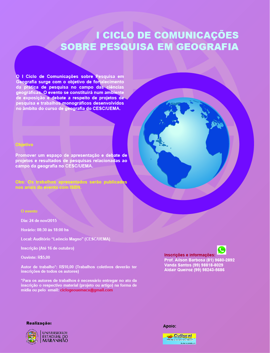 Abertas as inscrições para I Ciclo de Comunicações sobre Pesquisa em Geografia