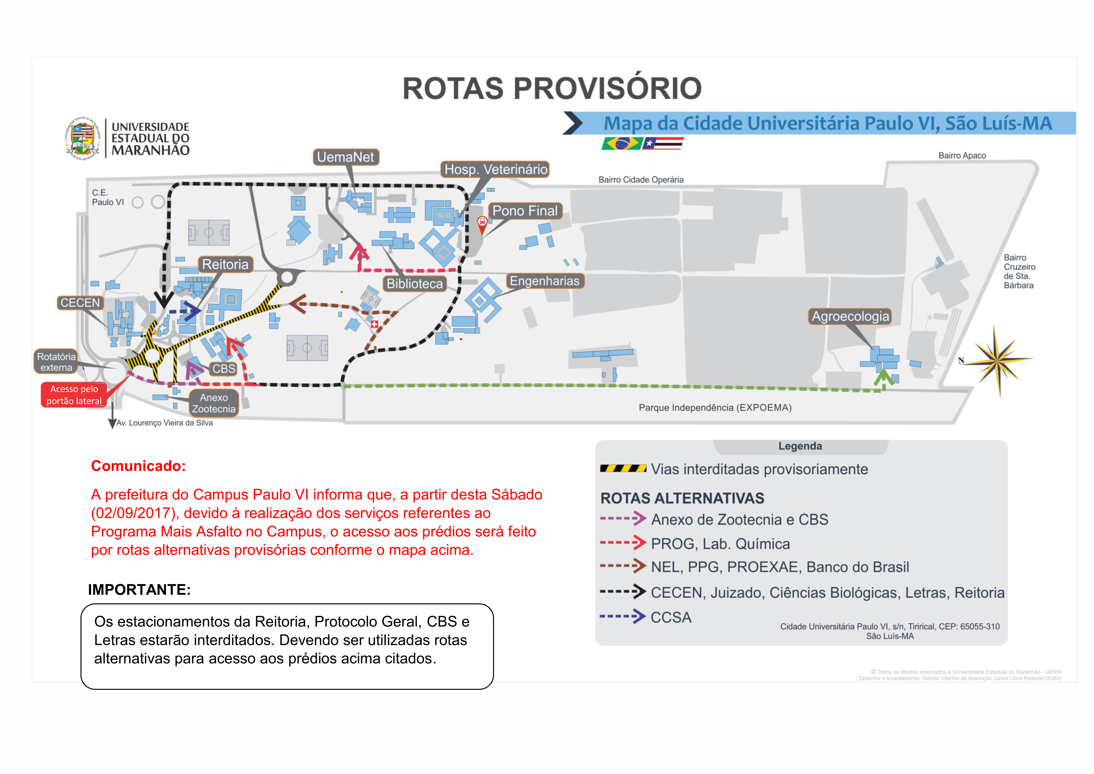 Aviso – Rotas alternativas para acesso a prédios e estacionamentos do Campus Paulo VI