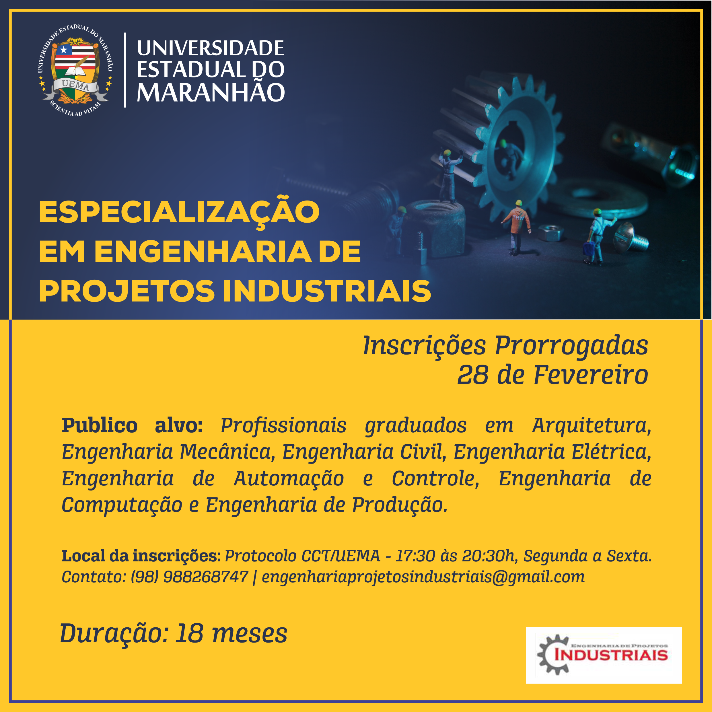Prorrogadas as inscrições para Curso de Especialização em Engenharia de Projetos Industriais