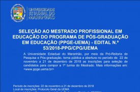 Divulgado edital de seleção para Mestrado em Educação do Programa de Pós-Graduação em Educação da UEMA