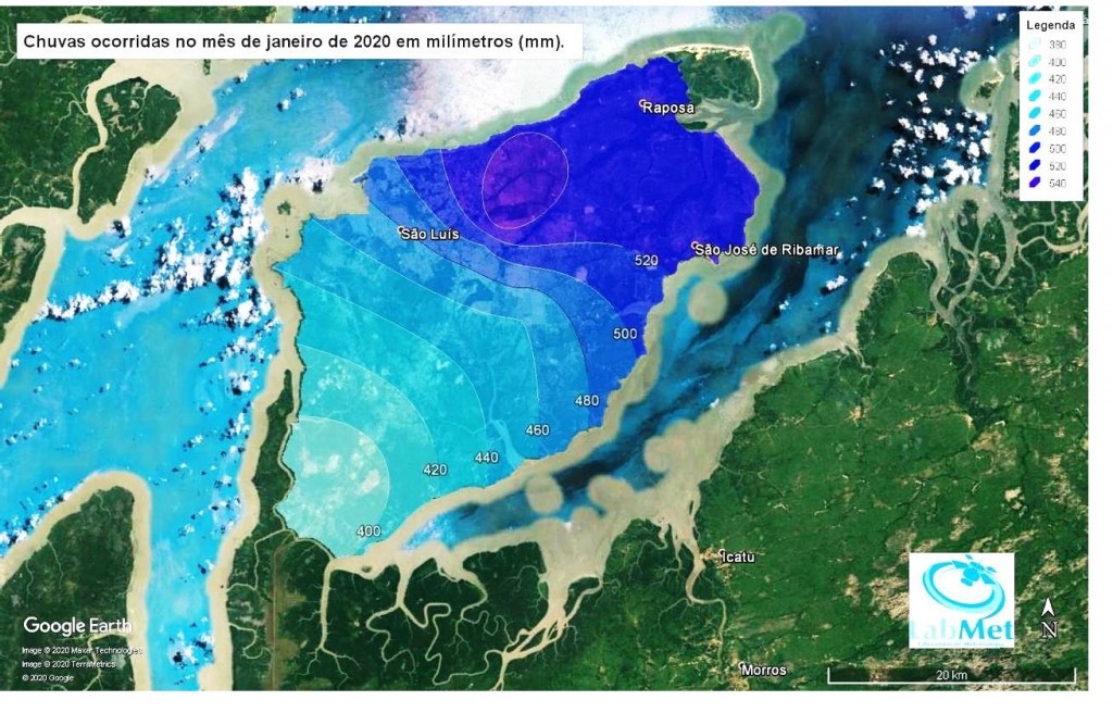 Figura 2. Distribuição espacial das chuvas ocorridas no mês de janeiro de 2020 sobre a Ilha de São Luís.