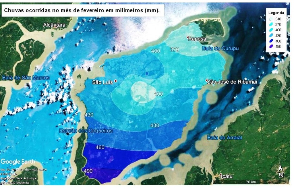 Figura 3. Distribuição espacial das chuvas ocorridas no mês de fevereiro de 2020 sobre a Ilha de São Luís.