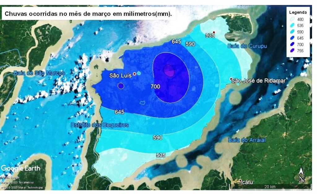 Figura 4. Distribuição espacial das chuvas ocorridas no mês de março de 2020 sobre a Ilha de São Luís.