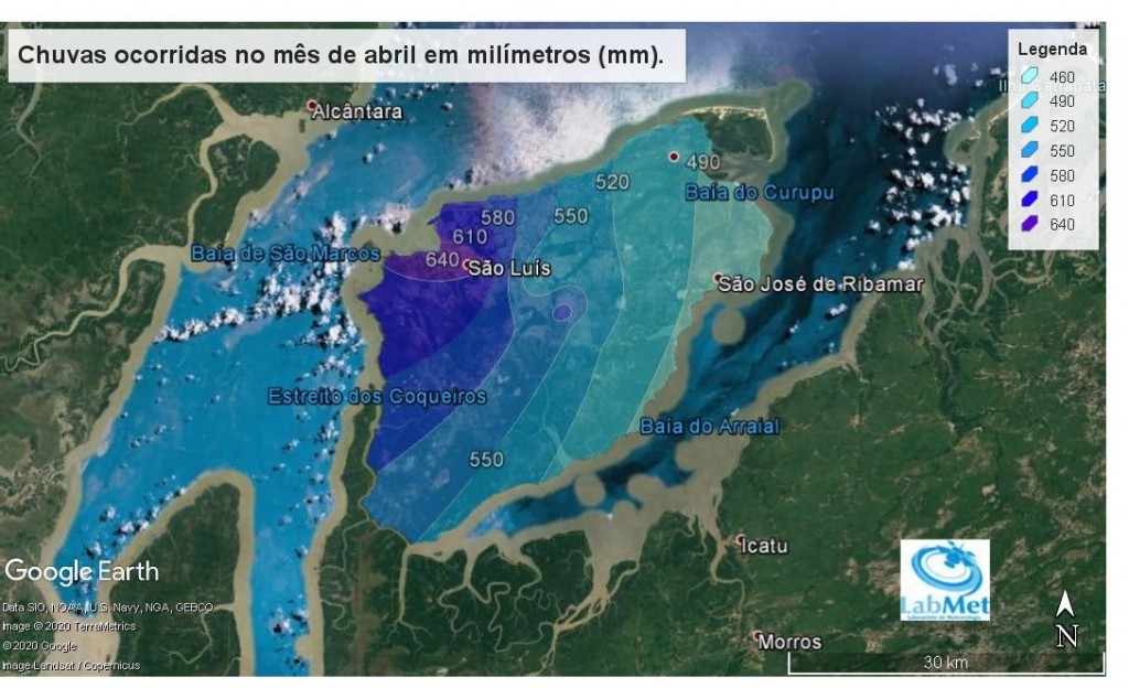 Figura 5. Distribuição espacial das chuvas ocorridas no mês de abril de 2020 sobre a Ilha de São Luís.