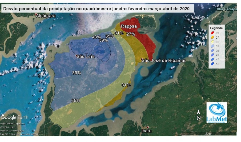 Figura 6. Distribuição espacial do desvio percentual das chuvas acumuladas no quadrimestre: janeiro-fevereiro-março-abril de 2020 sobre a Ilha de São Luís.