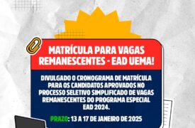Uema divulga normas e datas para matrícula dos aprovados no Processo Seletivo Simplificado de Vagas Remanescentes para Cursos EAD 2024
